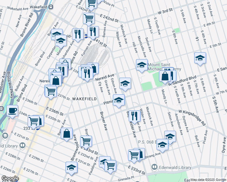 map of restaurants, bars, coffee shops, grocery stores, and more near 4333 Edson Avenue in Bronx