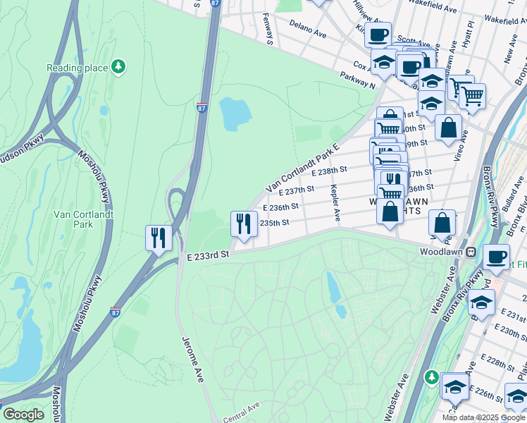 map of restaurants, bars, coffee shops, grocery stores, and more near 16 East 236th Street in The Bronx