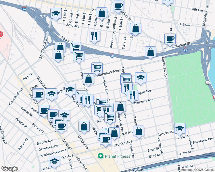 map of restaurants, bars, coffee shops, grocery stores, and more near 193 Wabash Avenue in Paterson