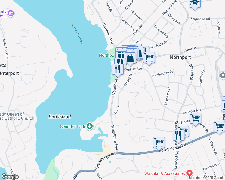 map of restaurants, bars, coffee shops, grocery stores, and more near 147 Woodbine Avenue in Northport