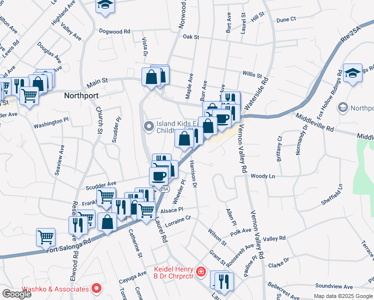 map of restaurants, bars, coffee shops, grocery stores, and more near 791 Fort Salonga Road in Northport