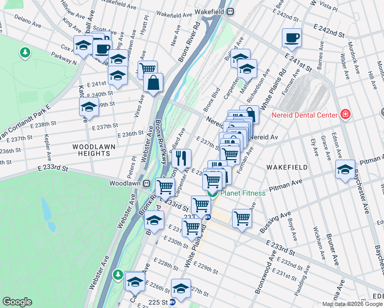 map of restaurants, bars, coffee shops, grocery stores, and more near 4335 Carpenter Avenue in The Bronx