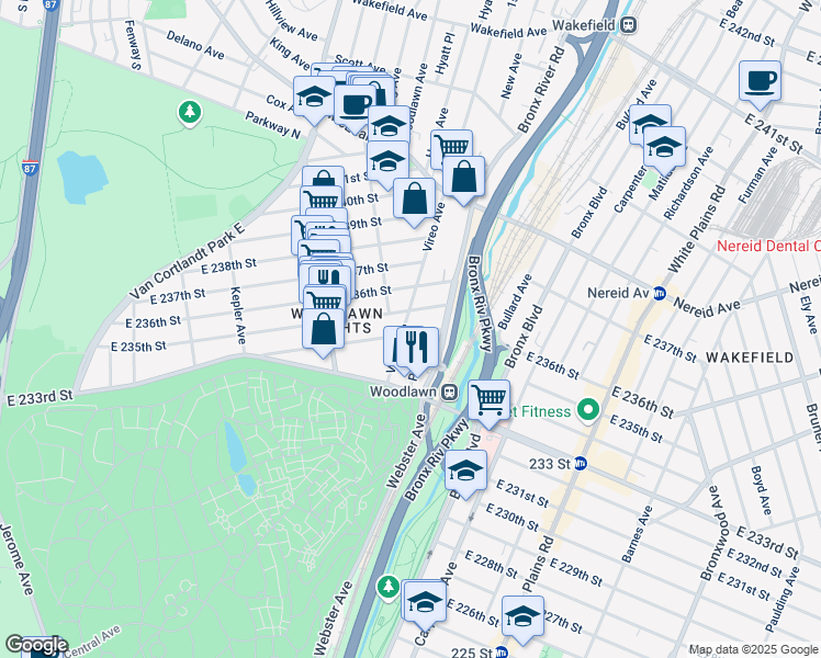 map of restaurants, bars, coffee shops, grocery stores, and more near 4255 Vireo Avenue in Bronx
