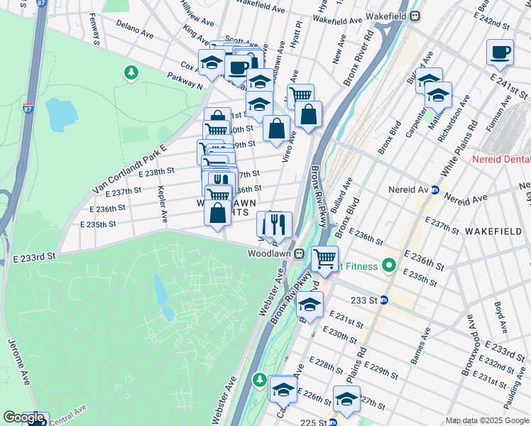 map of restaurants, bars, coffee shops, grocery stores, and more near 4255 Vireo Avenue in Bronx