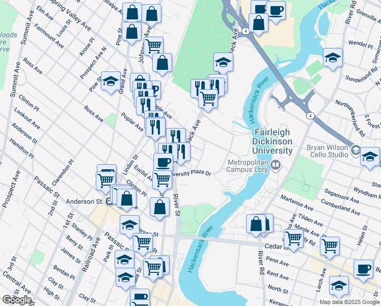 map of restaurants, bars, coffee shops, grocery stores, and more near 15 Dyatt Place in Hackensack