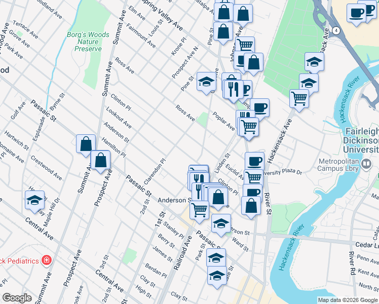 map of restaurants, bars, coffee shops, grocery stores, and more near 25 Grand Avenue in Hackensack