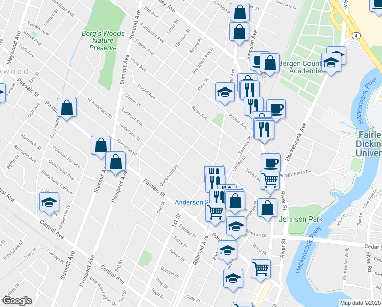map of restaurants, bars, coffee shops, grocery stores, and more near 100 Clarendon Place in Hackensack