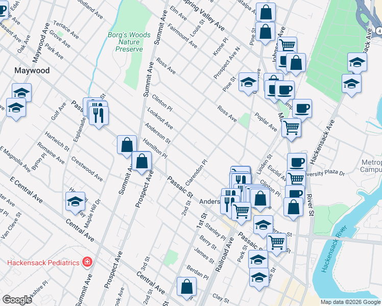 map of restaurants, bars, coffee shops, grocery stores, and more near 300 Anderson Street in Hackensack
