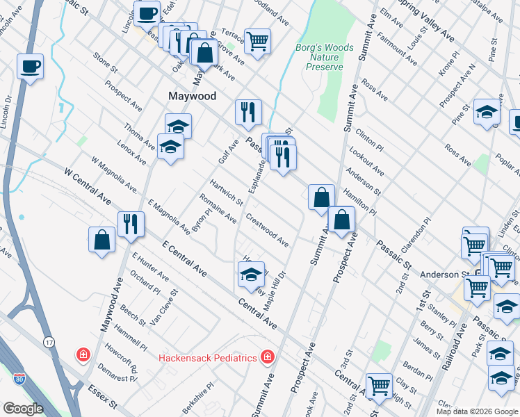 map of restaurants, bars, coffee shops, grocery stores, and more near 292 Esplanade in Hackensack