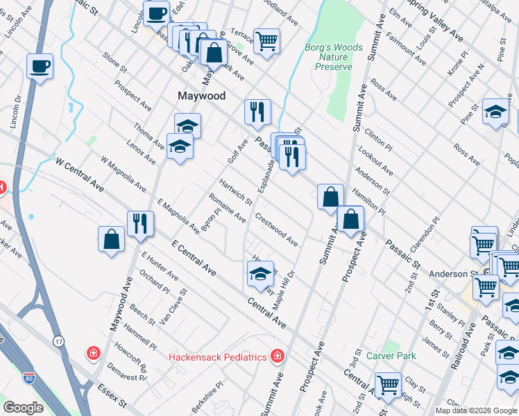 map of restaurants, bars, coffee shops, grocery stores, and more near 292 Esplanade in Hackensack