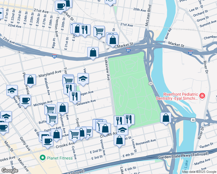 map of restaurants, bars, coffee shops, grocery stores, and more near 112 Lakeview Avenue in Paterson