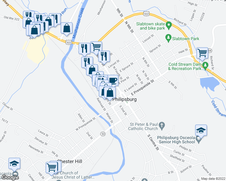 map of restaurants, bars, coffee shops, grocery stores, and more near 124 North 2nd Street in Philipsburg