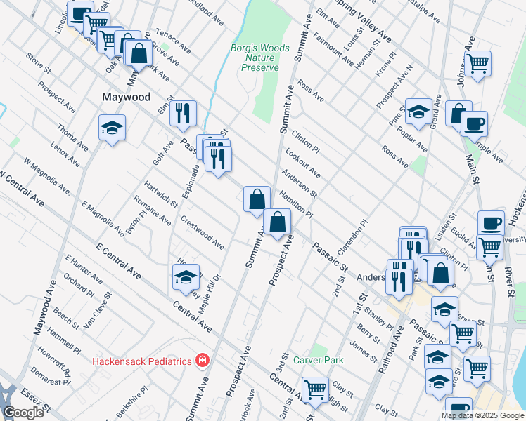 map of restaurants, bars, coffee shops, grocery stores, and more near 409 Summit Avenue in Hackensack