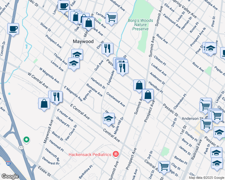 map of restaurants, bars, coffee shops, grocery stores, and more near 292 Esplanade in Hackensack