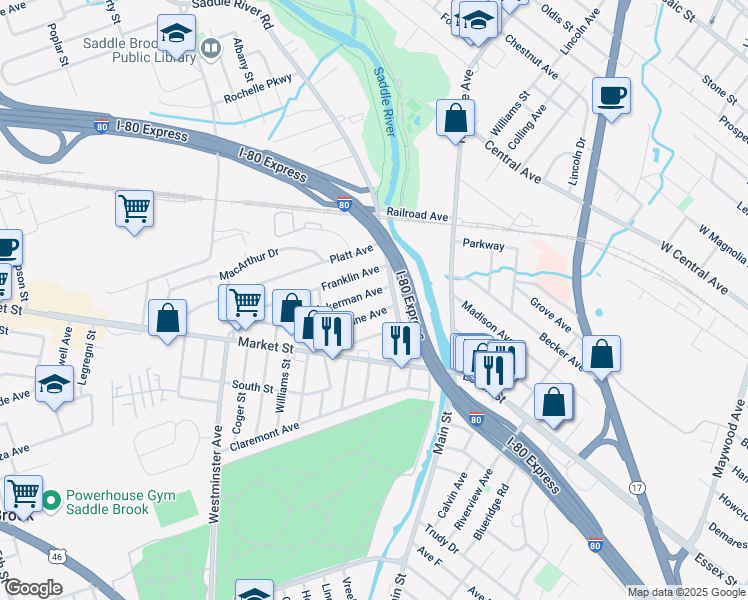 map of restaurants, bars, coffee shops, grocery stores, and more near 20 Ackerman Avenue in Saddle Brook