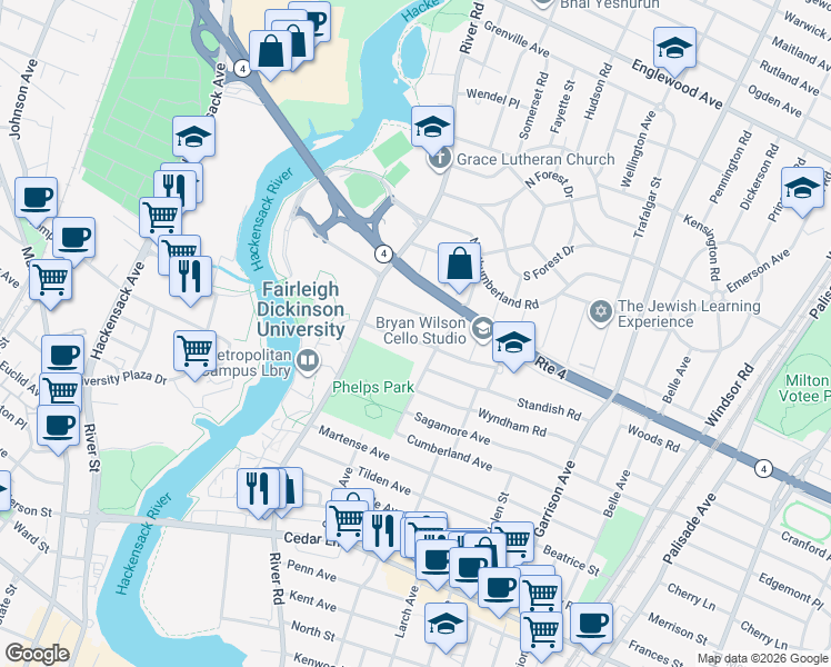 map of restaurants, bars, coffee shops, grocery stores, and more near 683 Ramapo Road in Teaneck