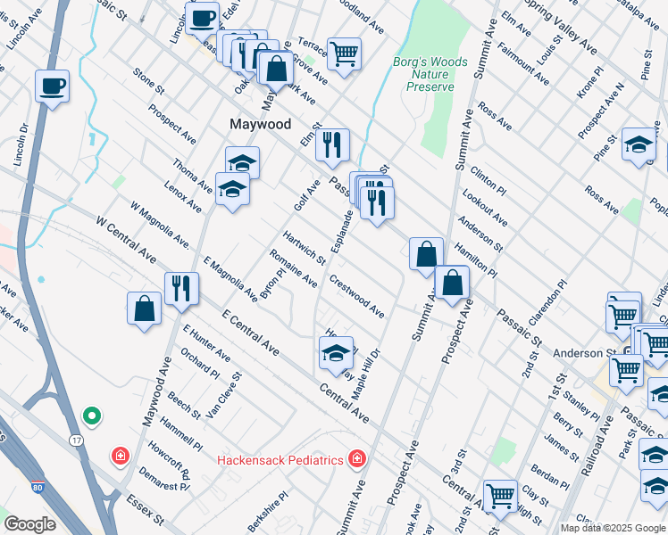 map of restaurants, bars, coffee shops, grocery stores, and more near 292 Esplanade in Hackensack