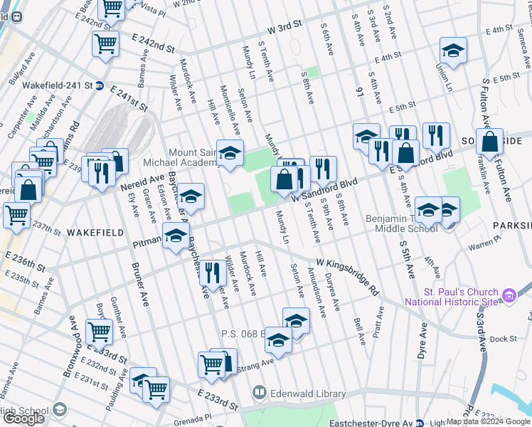 map of restaurants, bars, coffee shops, grocery stores, and more near 2124 Pitman Avenue in The Bronx