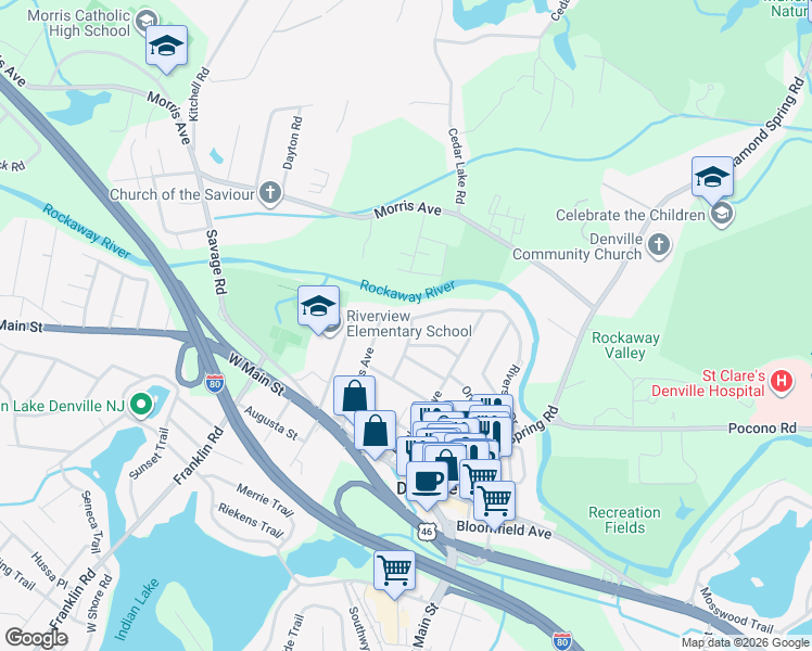 map of restaurants, bars, coffee shops, grocery stores, and more near 87 Riverside Drive in Denville