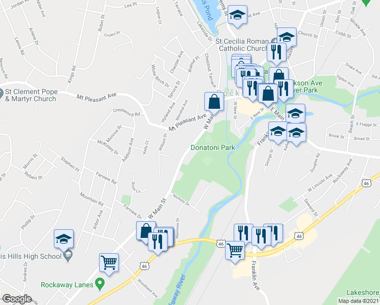 map of restaurants, bars, coffee shops, grocery stores, and more near 219 West Main Street in Rockaway