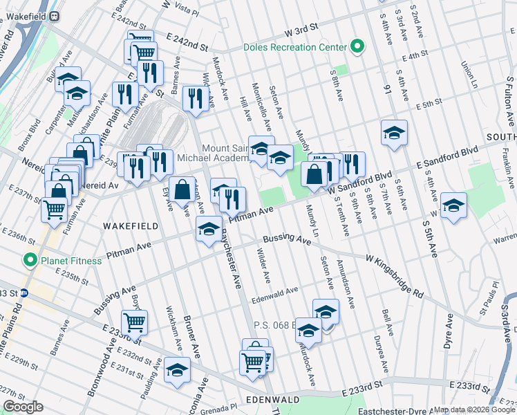 map of restaurants, bars, coffee shops, grocery stores, and more near 4312 Wilder Avenue in Bronx