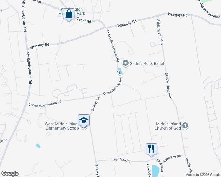 map of restaurants, bars, coffee shops, grocery stores, and more near 58 Coram Swezeytown Road in Middle Island