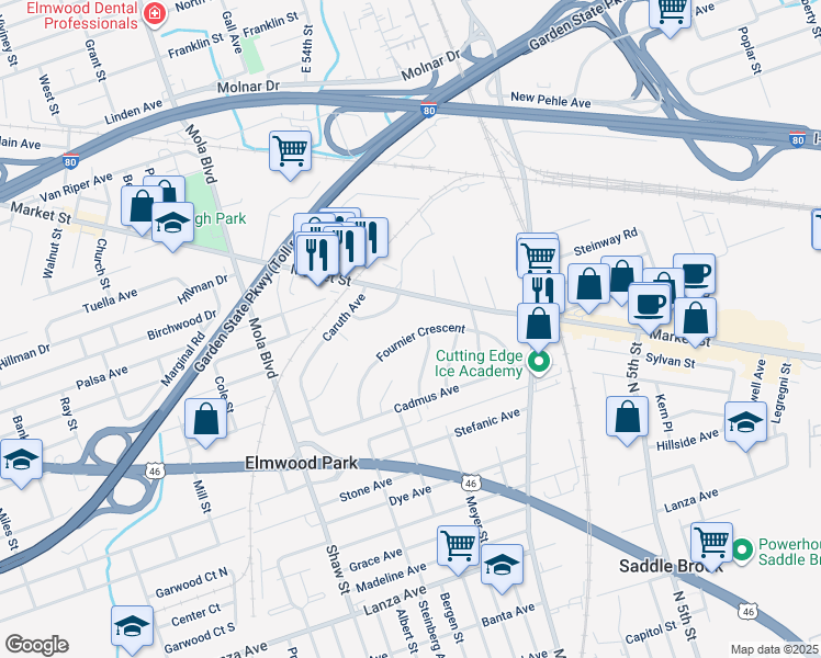 map of restaurants, bars, coffee shops, grocery stores, and more near 62 Fournier Crescent in Elmwood Park