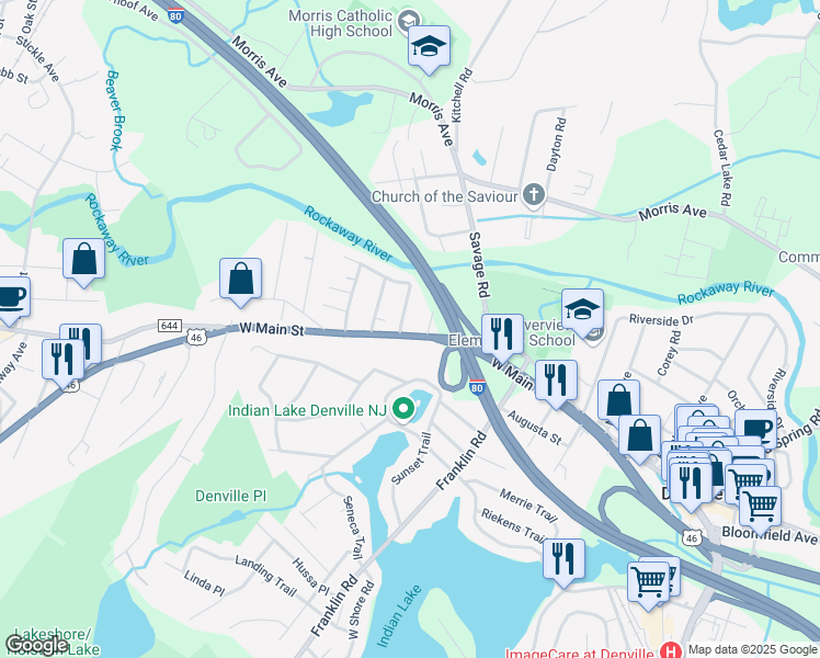 map of restaurants, bars, coffee shops, grocery stores, and more near 268 U.S. 46 in Denville