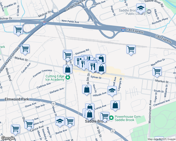 map of restaurants, bars, coffee shops, grocery stores, and more near 469 Market Street in Saddle Brook