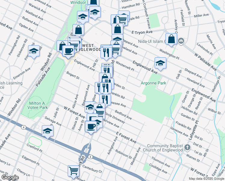 map of restaurants, bars, coffee shops, grocery stores, and more near 17 Franklin Road in Teaneck