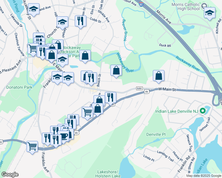 map of restaurants, bars, coffee shops, grocery stores, and more near 230 East Main Street in Rockaway