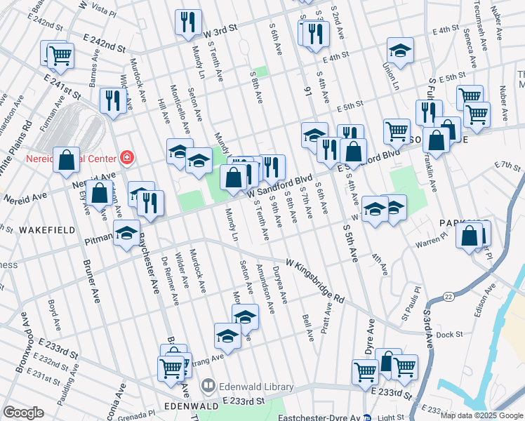 map of restaurants, bars, coffee shops, grocery stores, and more near 523 South Tenth Avenue in Mount Vernon