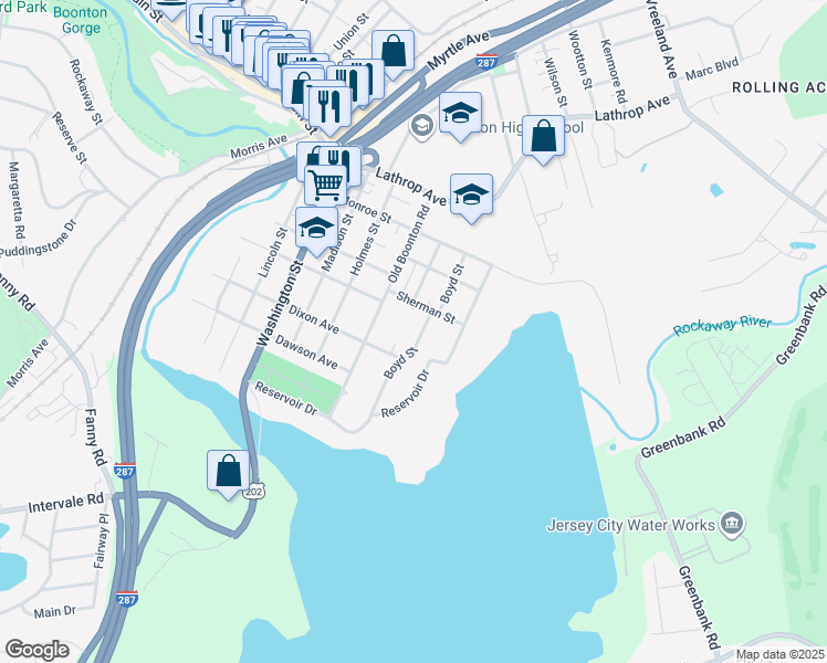 map of restaurants, bars, coffee shops, grocery stores, and more near 415 Boyd Street in Boonton