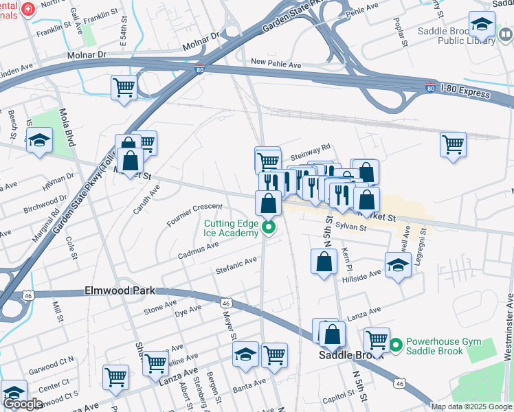 map of restaurants, bars, coffee shops, grocery stores, and more near 600 Market Street in Elmwood Park