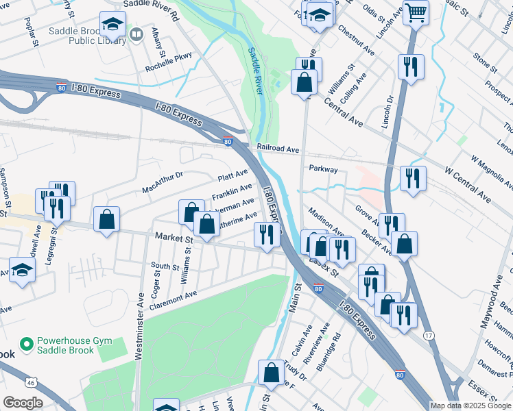 map of restaurants, bars, coffee shops, grocery stores, and more near 20 Ackerman Avenue in Saddle Brook