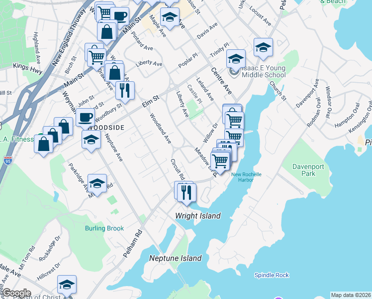 map of restaurants, bars, coffee shops, grocery stores, and more near 87 Circuit Road in New Rochelle