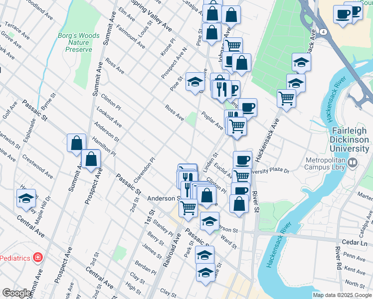 map of restaurants, bars, coffee shops, grocery stores, and more near 25 Grand Avenue in Hackensack