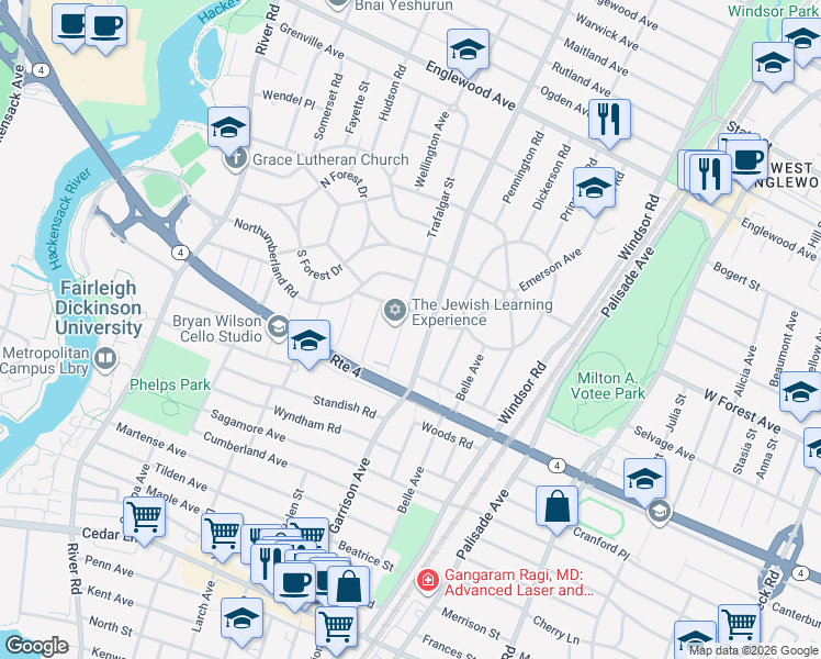map of restaurants, bars, coffee shops, grocery stores, and more near 1128 Sussex Road in Teaneck