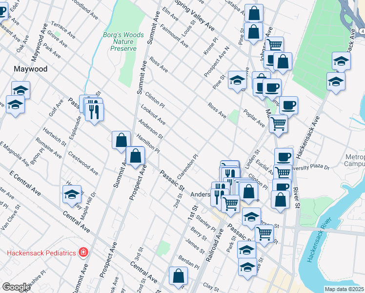 map of restaurants, bars, coffee shops, grocery stores, and more near 300 Anderson Street in Hackensack