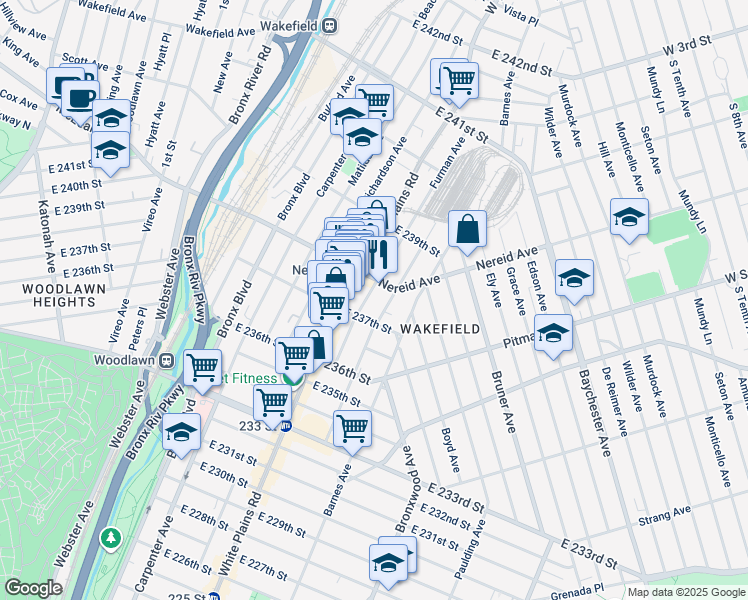 map of restaurants, bars, coffee shops, grocery stores, and more near 4382 Furman Avenue in Bronx