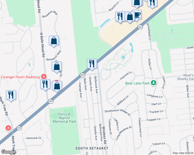 map of restaurants, bars, coffee shops, grocery stores, and more near 93 Bellwood Avenue in Centereach