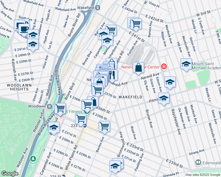 map of restaurants, bars, coffee shops, grocery stores, and more near in The Bronx