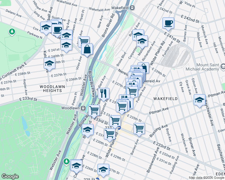 map of restaurants, bars, coffee shops, grocery stores, and more near 4335 Carpenter Avenue in The Bronx