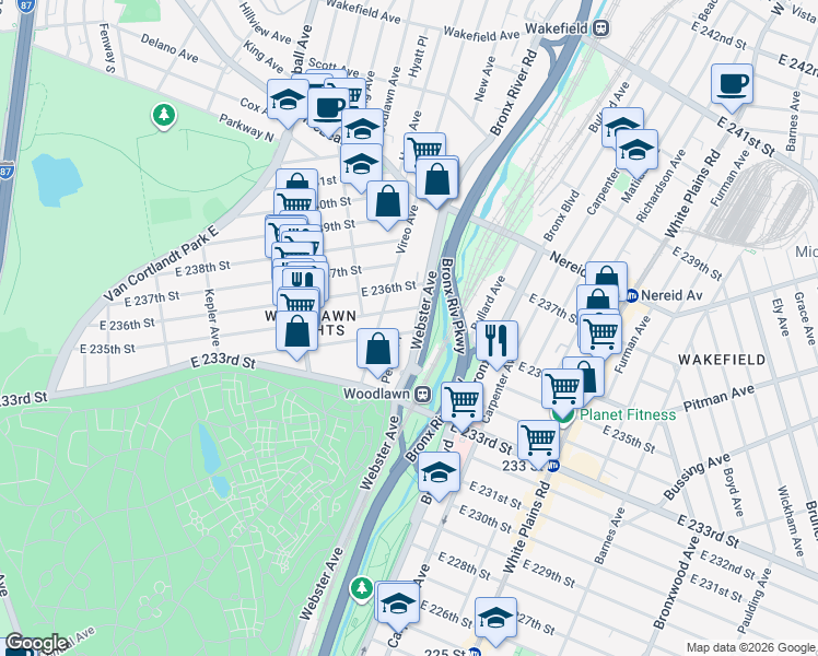 map of restaurants, bars, coffee shops, grocery stores, and more near 549 East 234th Street in Bronx