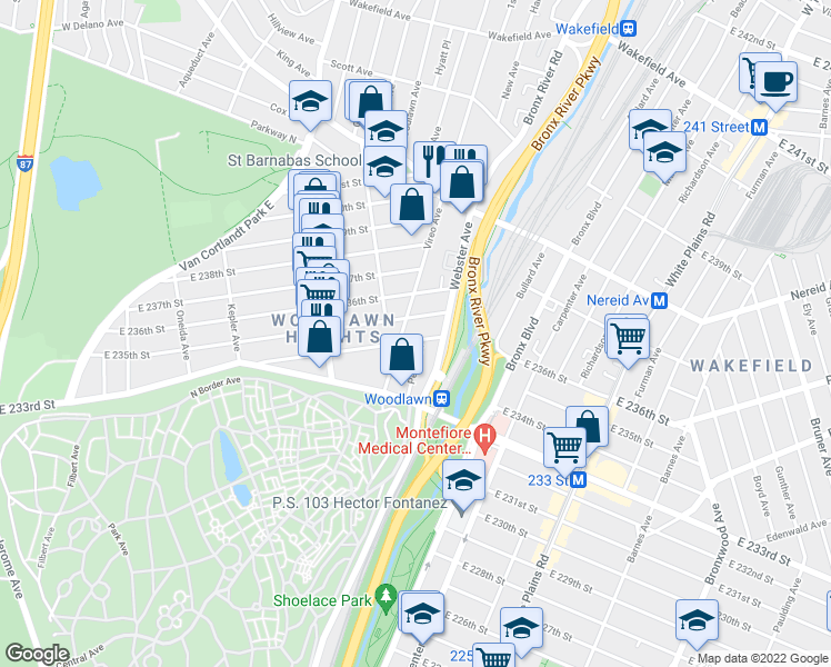 map of restaurants, bars, coffee shops, grocery stores, and more near 549 East 234th Street in Bronx