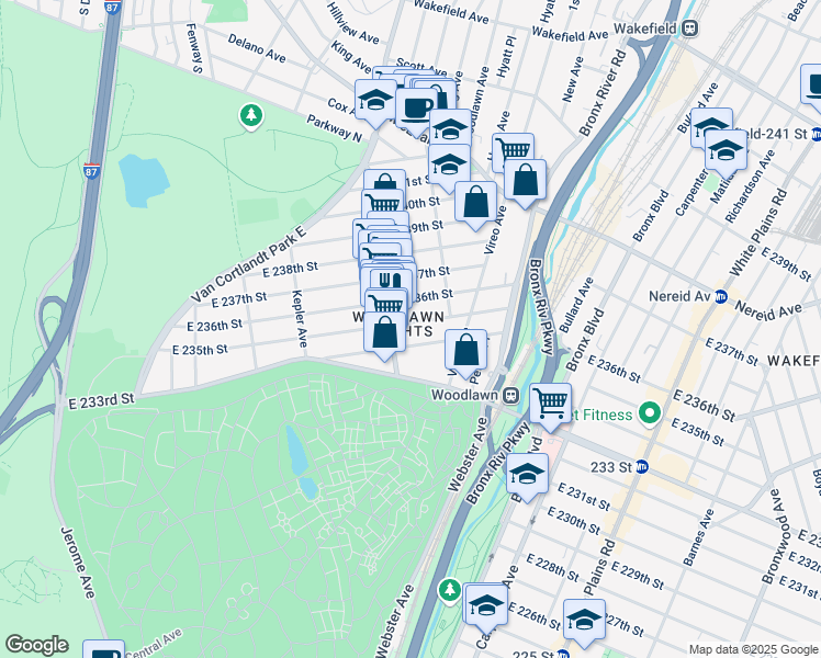 map of restaurants, bars, coffee shops, grocery stores, and more near 328 East 235th Street in Bronx