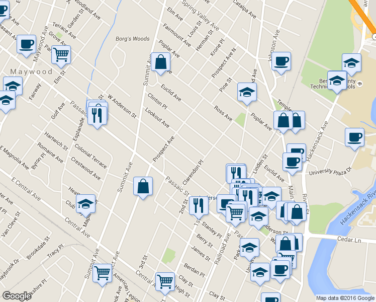 map of restaurants, bars, coffee shops, grocery stores, and more near 300 Anderson Street in Hackensack