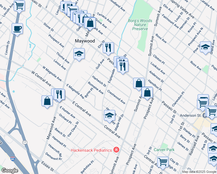 map of restaurants, bars, coffee shops, grocery stores, and more near 292 Esplanade in Hackensack