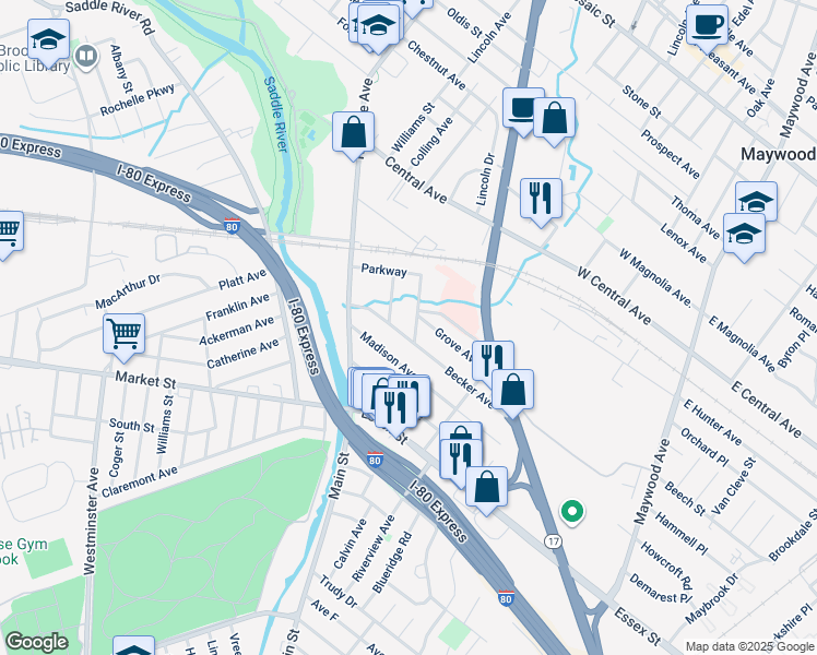 map of restaurants, bars, coffee shops, grocery stores, and more near 7 Grove Avenue in Rochelle Park