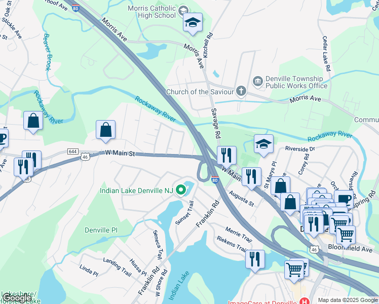 map of restaurants, bars, coffee shops, grocery stores, and more near 268 U.S. 46 in Denville